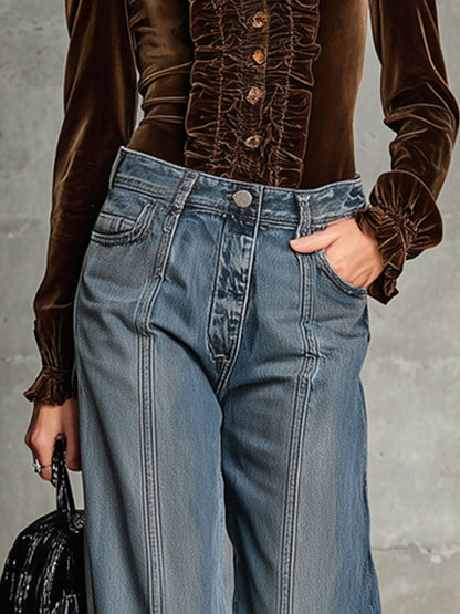 Fashionable Retro Cocoa Brown Velvet Ruffled Long-Sleeved Shirt