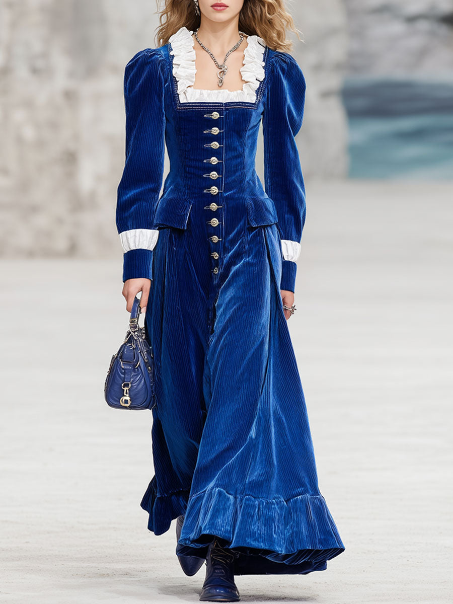 Fashion Retro Royal Blue Corduroy Ruffle Long Sleeve Maxi Dress
