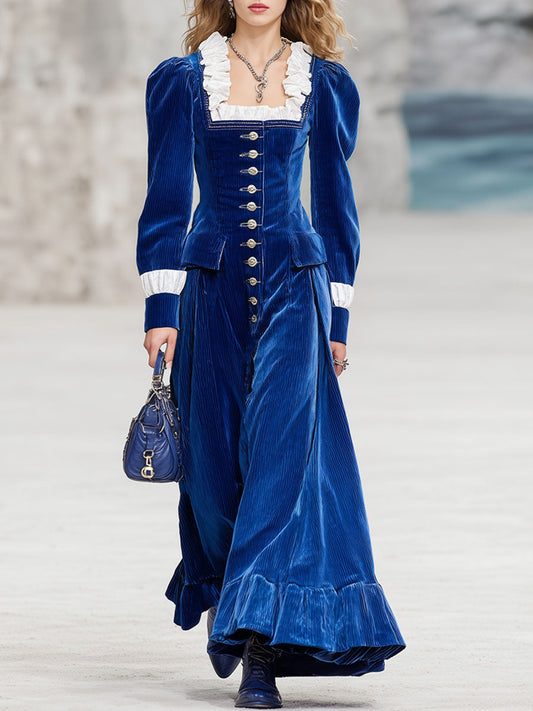 Fashion Retro Royal Blue Corduroy Ruffle Long Sleeve Maxi Dress