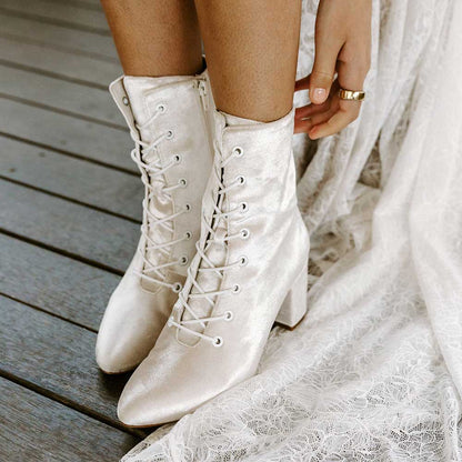 Elegant Ivory Velvet Bridal Shoes Lace Up Chunky Heel Ankle Boots