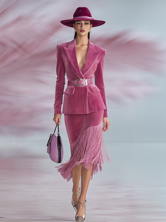 Elegant Lapel Corduroy Blazer And Fringed Skirt Set