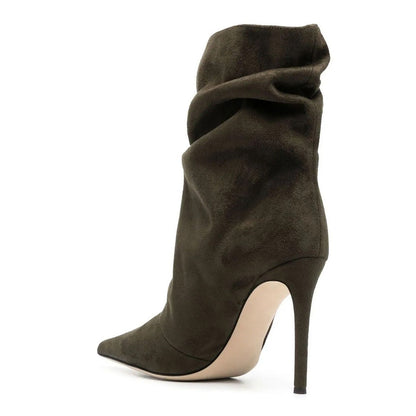 Army Green Vegan Suede Pointed Toe V-Cut Slouch Short Boots for Women