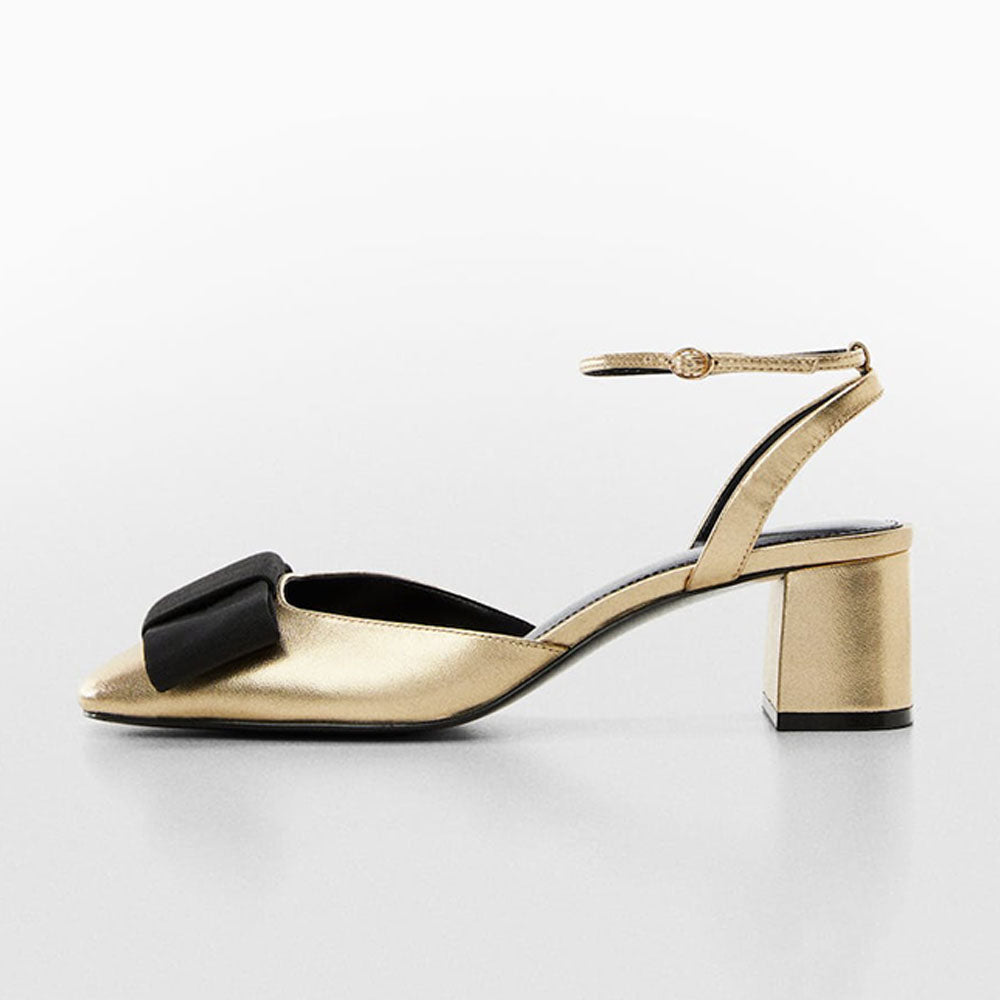 Gold & Black Vegan Leather  Round Toe Ankle Strappy Bow Sandals With Chunky Heels