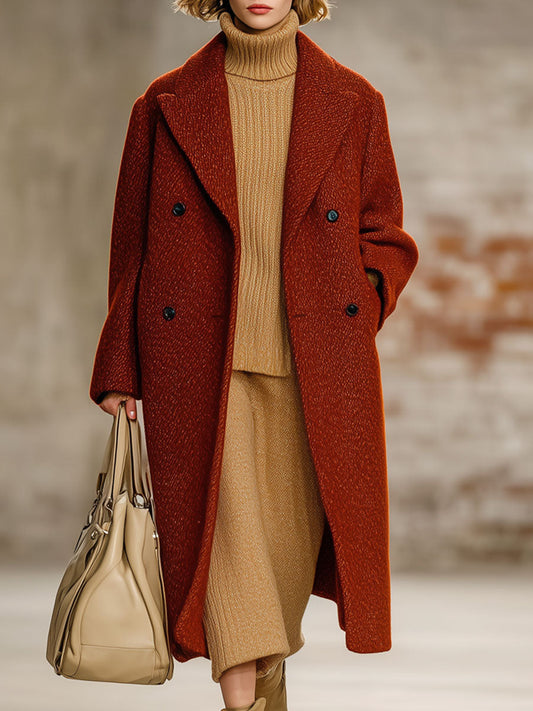 Fashionable Loose Retro Brick Red Woolen Long Coat