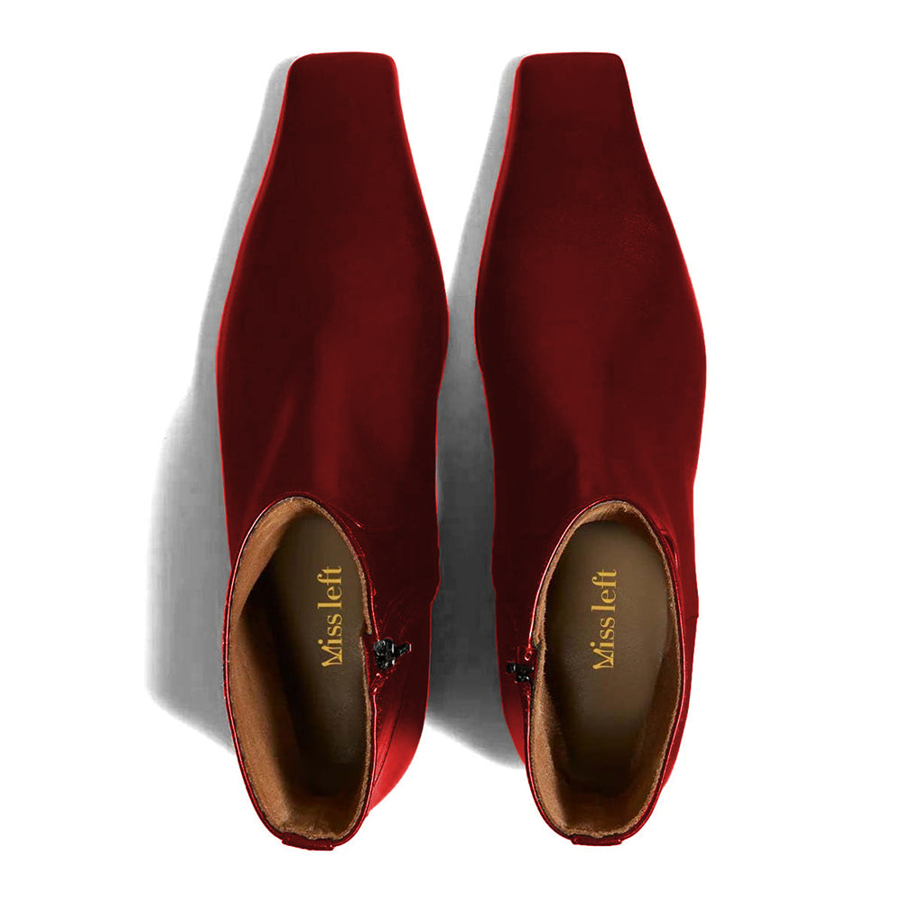 Fashion Red Metallic Square Toe Chunky Heel Booties for Women