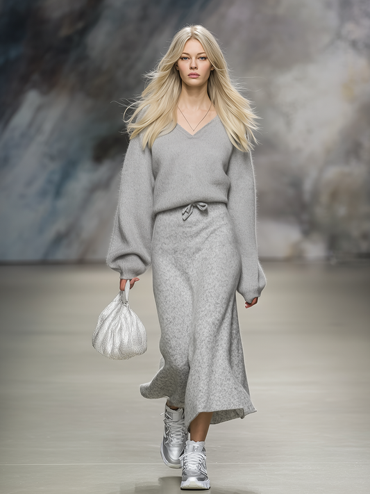 Elegant V-neck Long-sleeved Sweater And Knitted Skirt Set