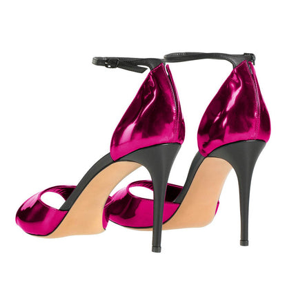 Fuchsia Metallic Ankle Strap Open Round Toe Stiletto Heeled Sandals