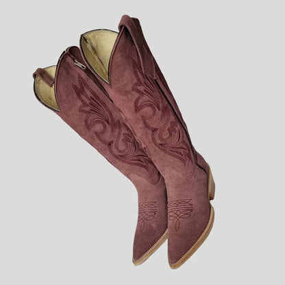Dusty Purple Faux Suede Embroidered Mid-Calf Snip Toe Cowgirl Boots