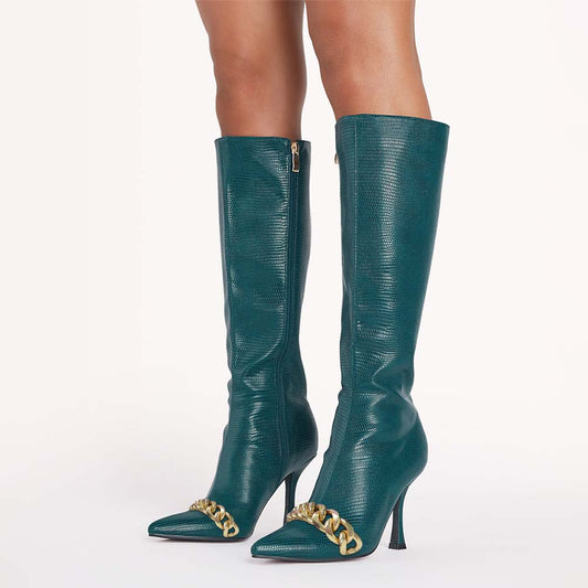 Dark Teal Lizard Embossed Pointed Toe Heeled Boots with Metal Chain