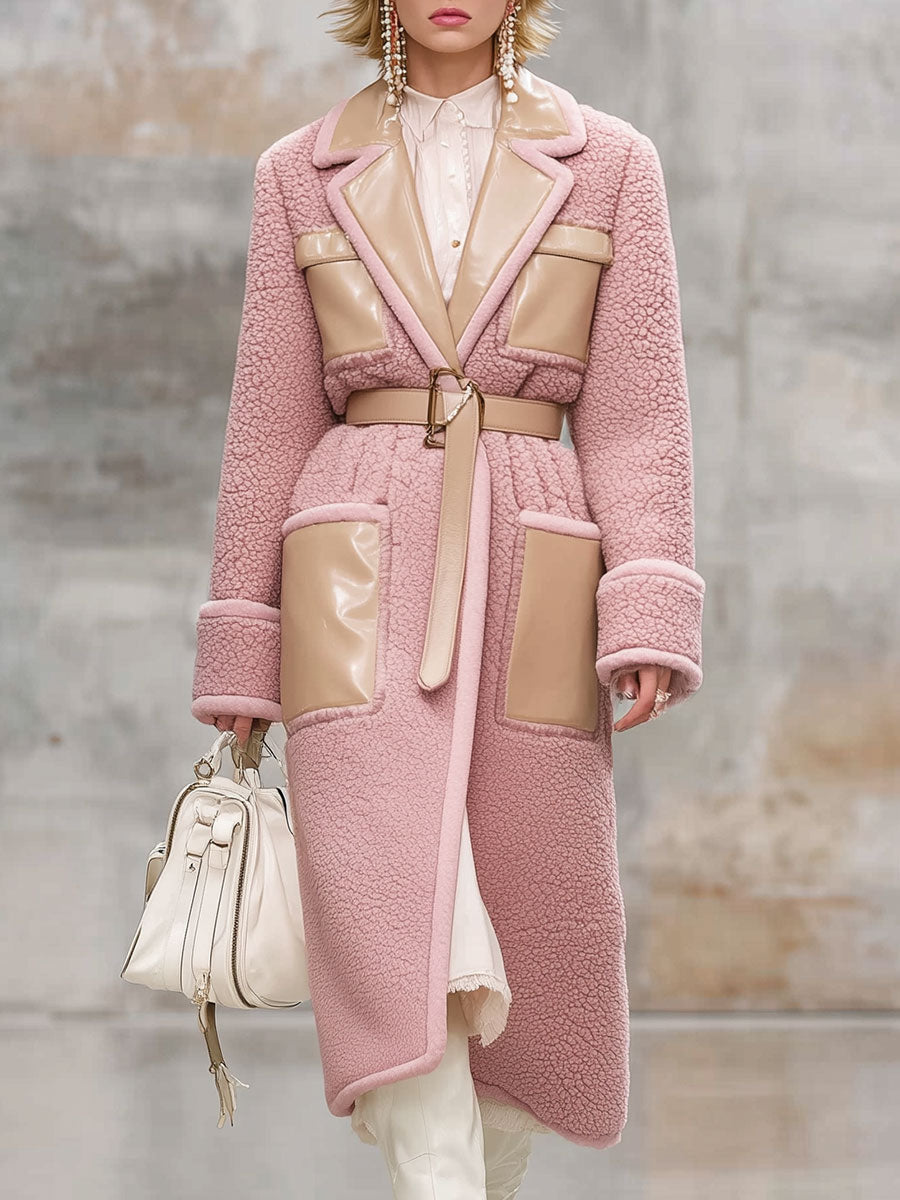 Fashion Retro Pink Lapel Polar Fleece Stitching Faux Leather Mid-Length Coat