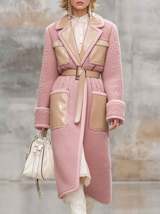 Fashion Retro Pink Lapel Polar Fleece Stitching Faux Leather Mid-Length Coat