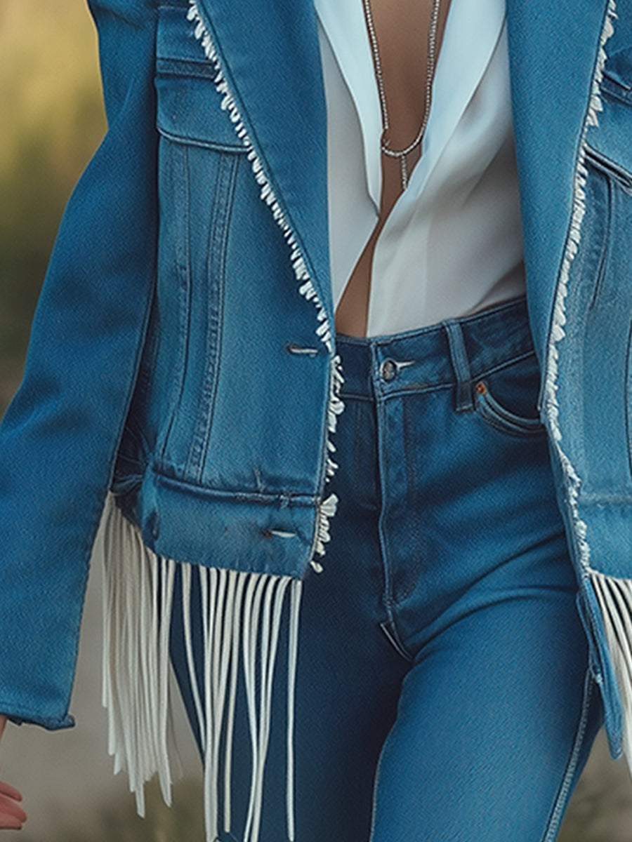 Fashion Retro Blue Denim Lapel Tassel Casual Jacket