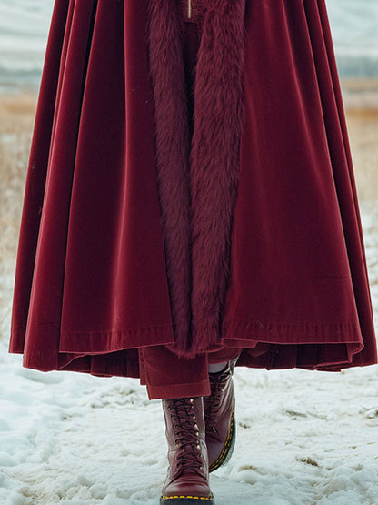 Fashion Retro Faux Fur Collar Trim Red Velvet Cape Coat