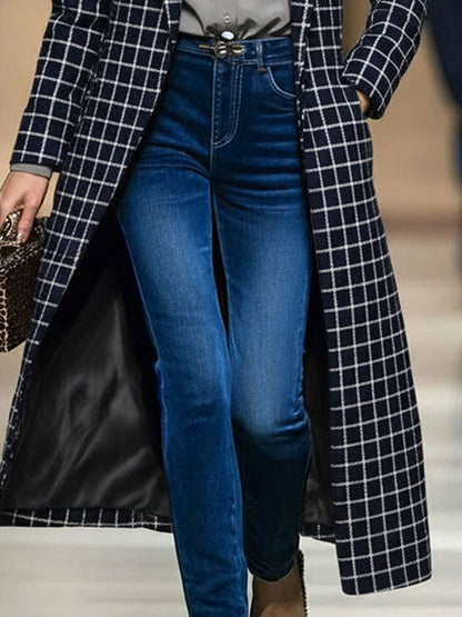 Fashion Retro Navy Tweed Plaid Long Coat