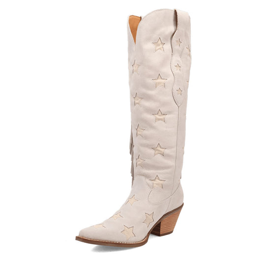 Beige Snip Toe Chunky Heel Fringe Knee-High Cowboy Boots for Women