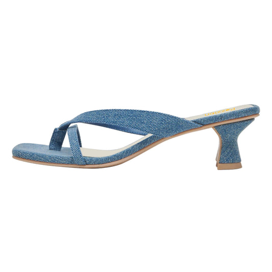 Denim Blue Square Toe Flared Mid Heel Flip Flops for Women