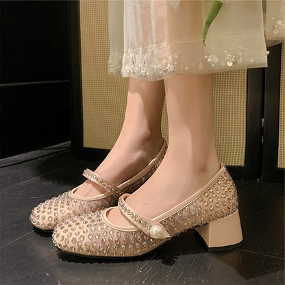 Beige Mesh Closed Toe Chunky Heel Rhinestone Pumps
