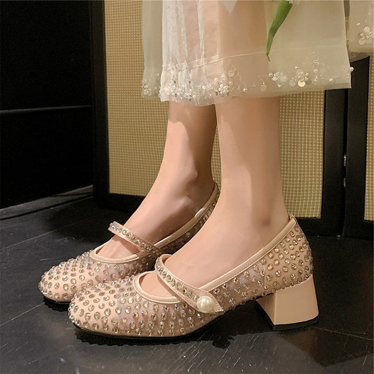 Beige Mesh Closed Toe Chunky Heel Rhinestone Pumps