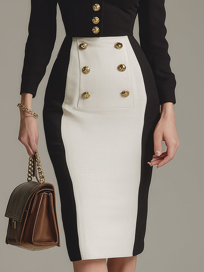 Elegant And Capable Black And White Color Matching Gold Button Midi Dress