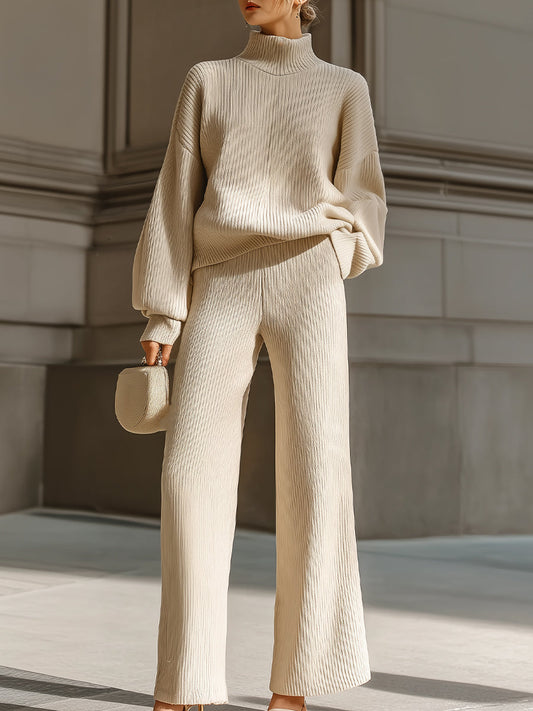 Beige Ribbed Knit Turtleneck Lounge Set