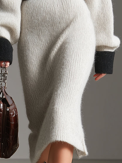 White Mohair Stitching Black V-neck Midi Dress