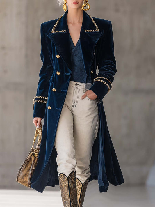Exquisite Retro Western Gold Trim Large Lapel Metal Front Button Dark Blue Wide Shoulder Velvet Coat