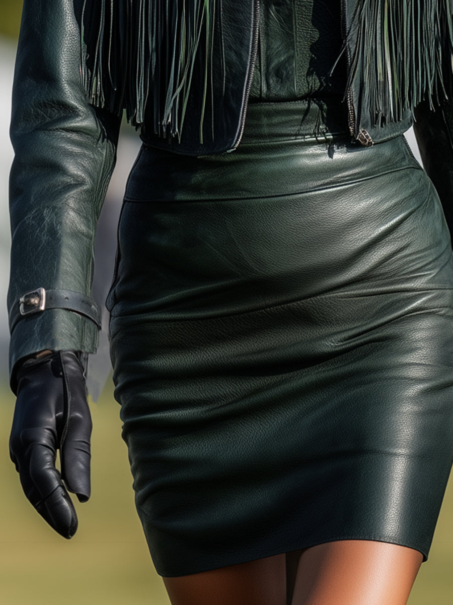 Fashionable Western Style Dark Green Faux Leather Round Neck Jacket And Tassel Skirt Set