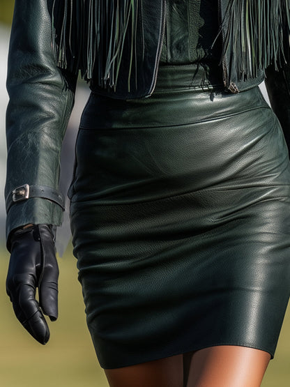Fashionable Western Style Dark Green Faux Leather Round Neck Jacket And Tassel Skirt Set