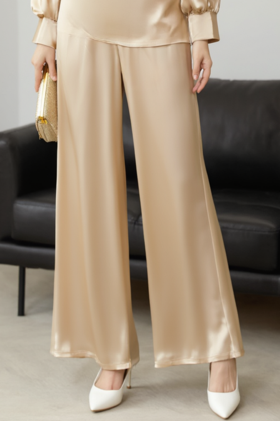 Evening Pant Set Champagne Long Sleeve Blouse Two-Piece Wide-Leg