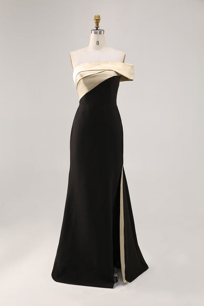 Formal Prom Dress Off-Shoulder Color-block Side Slit Floor-Length Dress