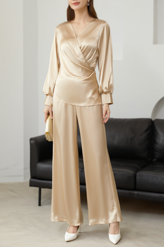 Evening Pant Set Champagne Long Sleeve Blouse Two-Piece Wide-Leg