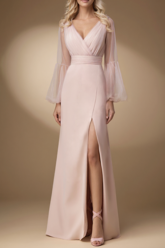 Evening Dress Pink V Neck Slit Floor-Length Dress