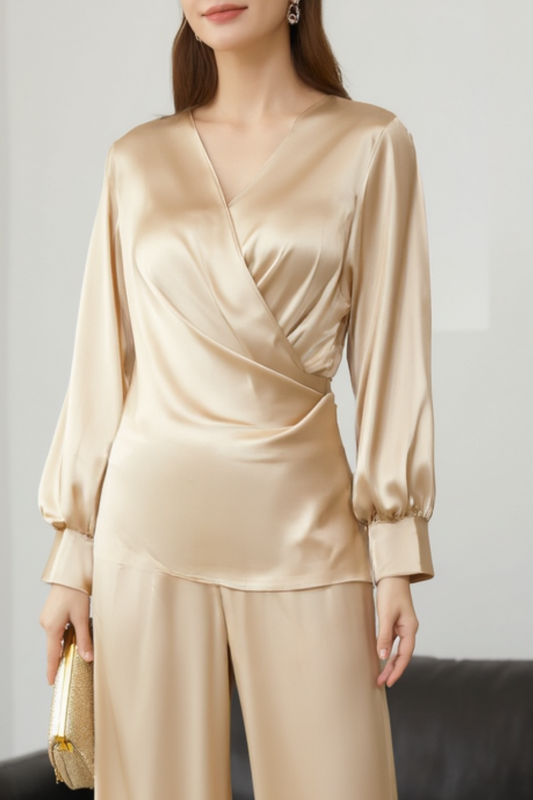 Evening Pant Set Champagne Long Sleeve Blouse Two-Piece Wide-Leg