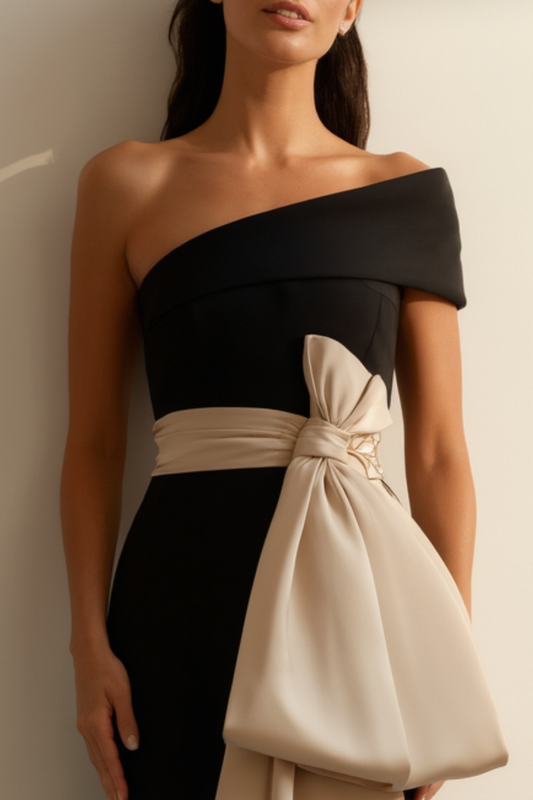 Formal Dress Black One Shoulder Bow Floor-Length Dress