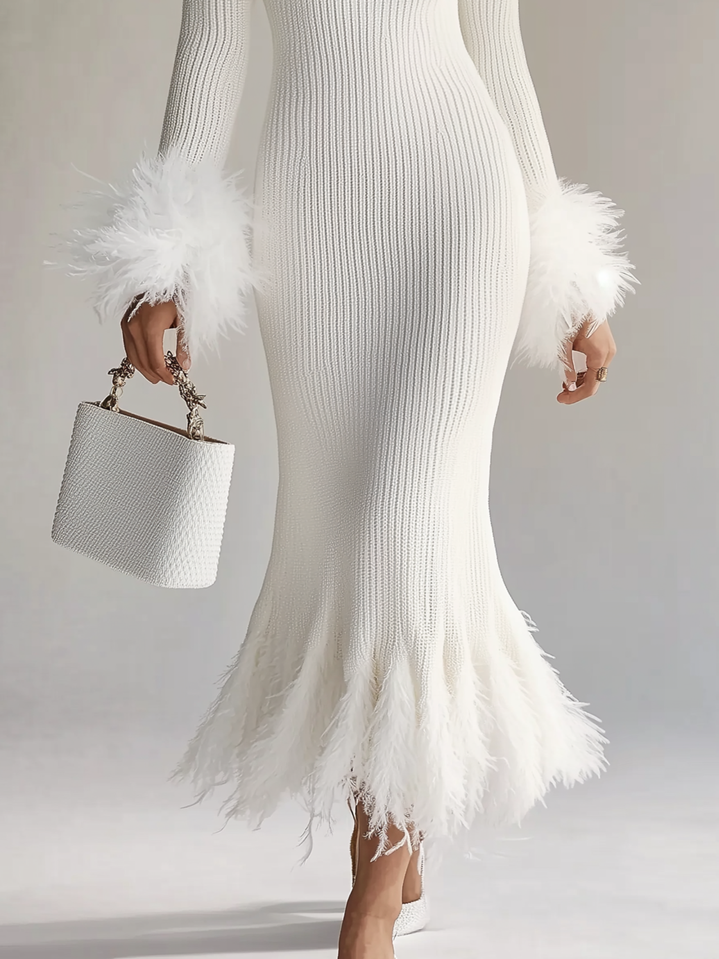 Elegant White Feather Cuffs Knitted Dress