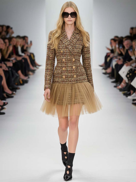Elegant Retro Double-breasted Mesh And Tweed Mini Dress