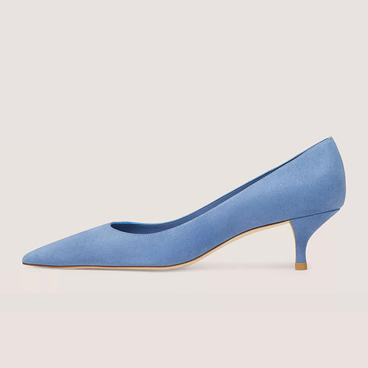 Elegant Blue Vegan Suede Pointed Toe Kitten Heel Pumps for Women