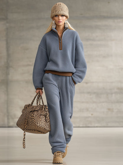 Fashion Retro Brown Trim Blue Polar Fleece Zipper Sweatshirt Pants Set