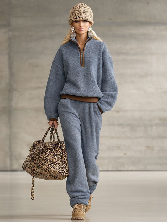 Fashion Retro Brown Trim Blue Polar Fleece Zipper Sweatshirt Pants Set