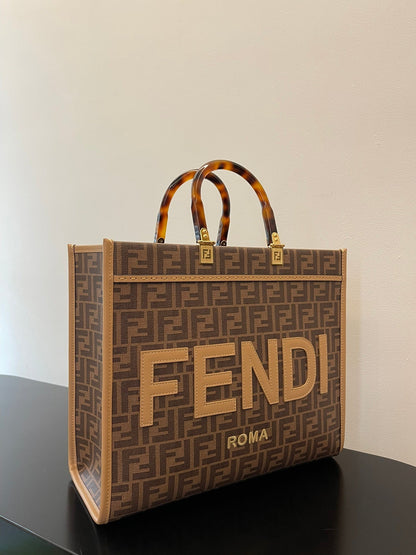 FI Sunshine Medium Brown FF jacquard fabric shopper Bag For Woman 31cm/12in