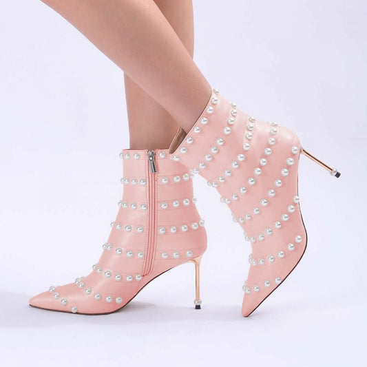 Elegant Pink Pointed Toe Pearl Embellished Heeled Ankle Boots