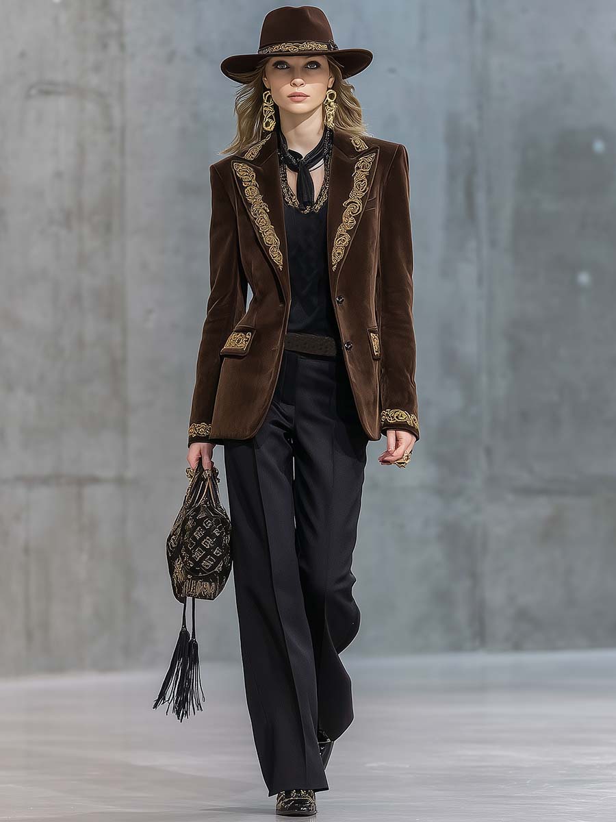 Exquisite Retro Peaked Lapel With Gold Embroidery And Brown Faux Suede X-shaped Blazer