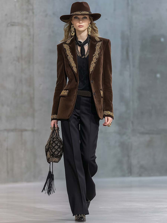 Exquisite Retro Peaked Lapel With Gold Embroidery And Brown Faux Suede X-shaped Blazer