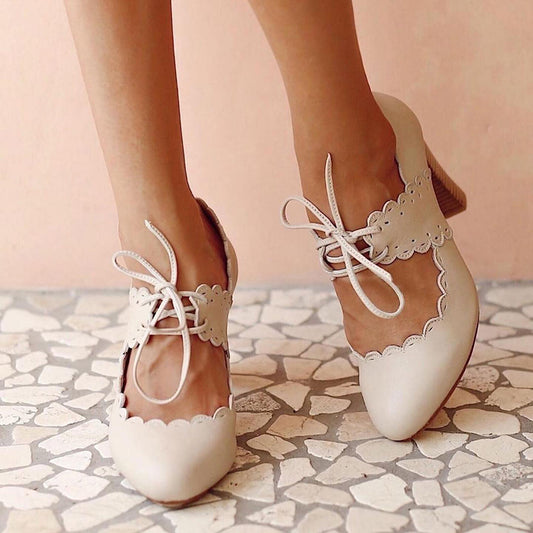 Beige Closed Toe 3'' Chunky Heel Lace Up Pumps