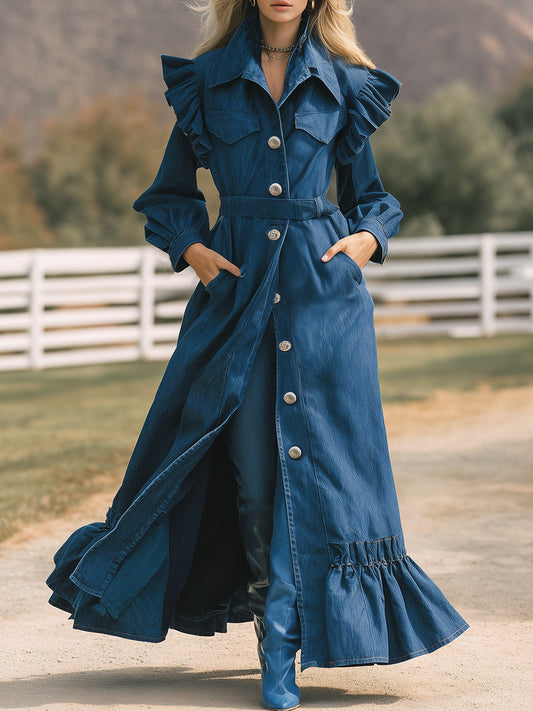 Elegant Western-style Ruffled Denim Long Trench Coat