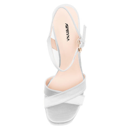 Elegant White Square Toe Buckle Ankle Strap Women's Heel Sandals