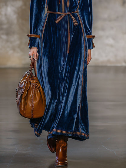 Fashion Retro Brown Trim Dark Blue Velvet Long-Sleeved Hooded Maxi Dress