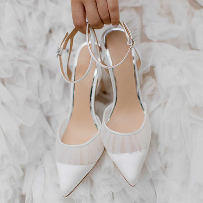 Elegant White Mesh & Satin Pointed Toe Pumps Shoes with Ankle Strap