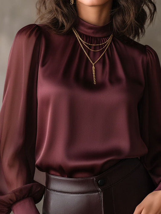 Elegant High Neck Burgundy Sheer Chiffon Sleeves Satin Blouse