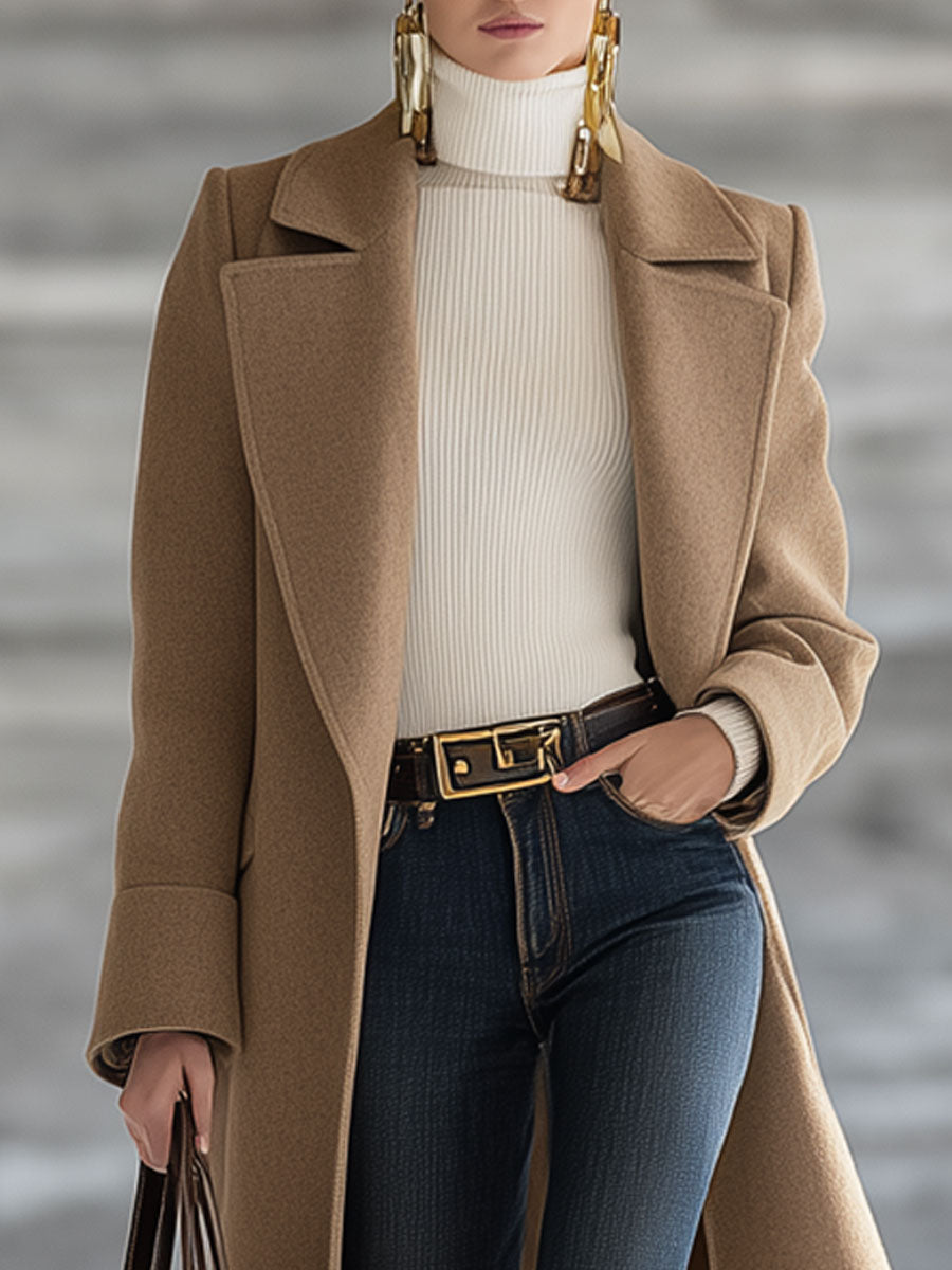 Fashion Retro Dark Khaki Woolen Long Coat With Large Lapel